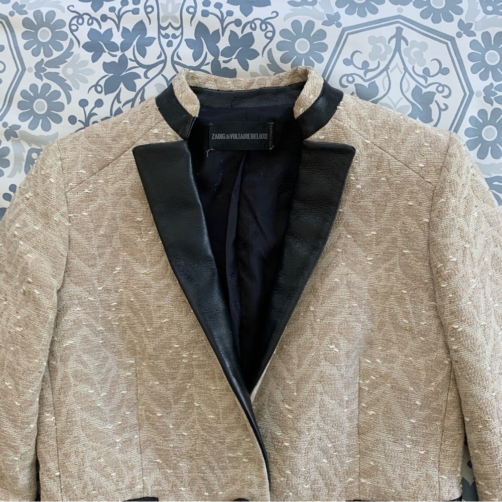 Zadig & Voltaire Victana Deluxe Blazer (Sz FR 36) Leather Trim Metallic Jacquard - Picture 13 of 16